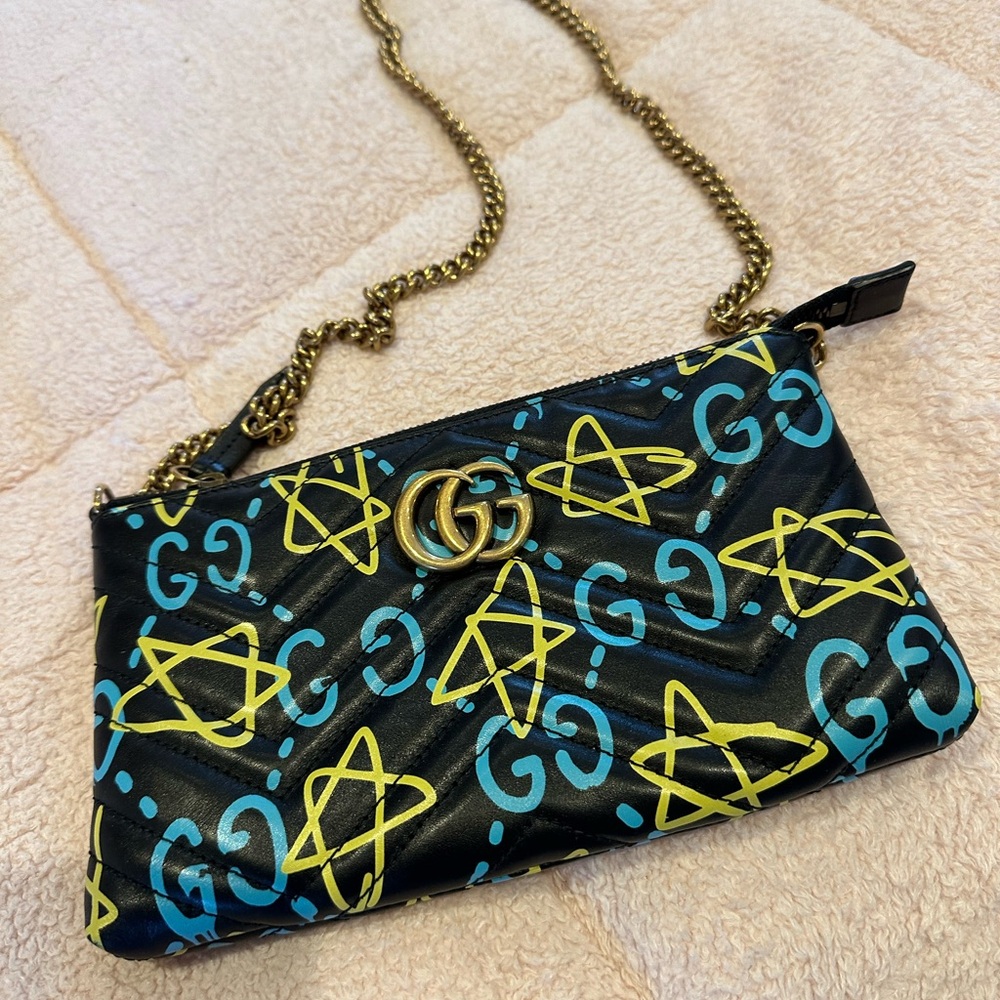 Gucci Black and Yellow Clutch with Blue Accents